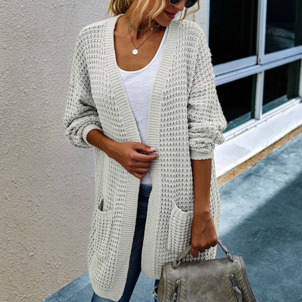 Beige Cream Cozy chunky knit open front cardigan - Picture 9 of 11